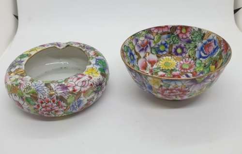 Vintage fabricado em macau hand painted Ashtray and Bowl