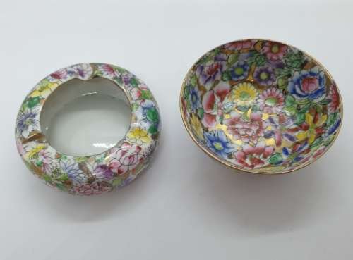 Vintage fabricado em macau hand painted Ashtray and Bowl