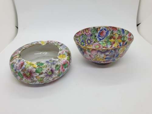 Vintage fabricado em macau hand painted Ashtray and Bowl