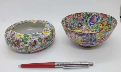 Vintage fabricado em macau hand painted Ashtray and Bowl