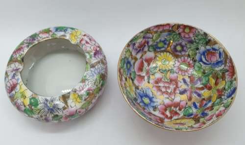 Vintage fabricado em macau hand painted Ashtray and Bowl