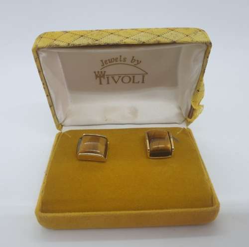 Vintage 22kt Hardgold Clad (SAA )Tiger Eye Cufflings in origanal box by Tivoli-untarnishable