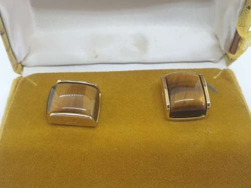 Vintage 22kt Hardgold Clad (SAA )Tiger Eye Cufflings in origanal box by Tivoli-untarnishable