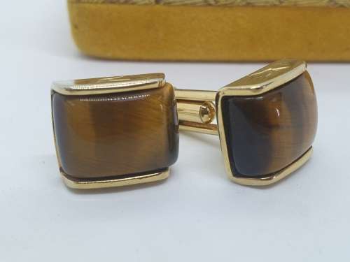 Vintage 22kt Hardgold Clad (SAA )Tiger Eye Cufflings in origanal box by Tivoli-untarnishable