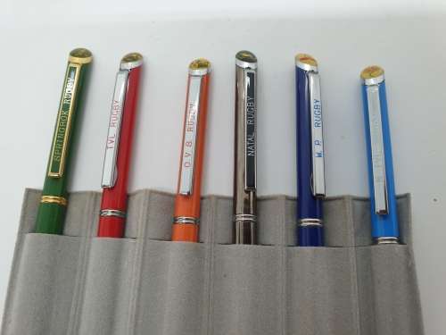 Vintage Set of 6 Slimline ballpoint Rugby pens Springboks,TVL,NTVL,OVS,Natal and WP Logos