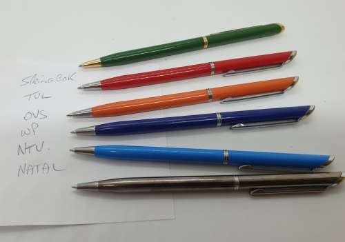 Vintage Set of 6 Slimline ballpoint Rugby pens Springboks,TVL,NTVL,OVS,Natal and WP Logos
