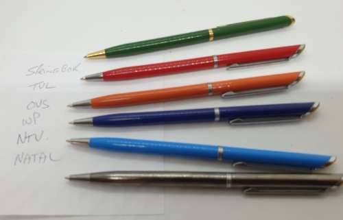 Vintage Set of 6 Slimline ballpoint Rugby pens Springboks,TVL,NTVL,OVS,Natal and WP Logos