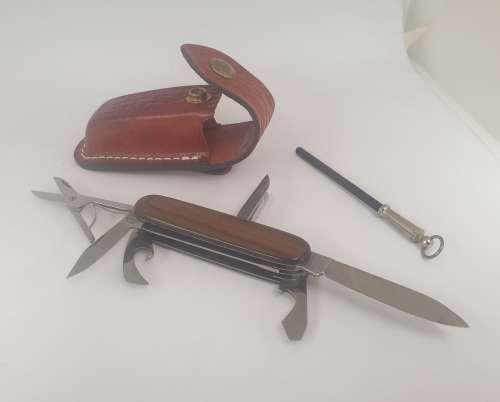 Inox Multitool pocket knife with sharpener in Leather sheath Germany  -unused