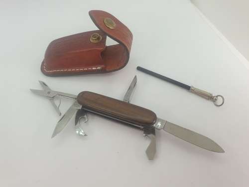 Inox Multitool pocket knife with sharpener in Leather sheath Germany  -unused