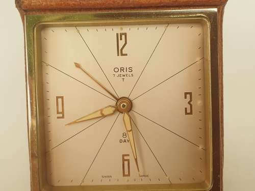 1960's Vintage Oris 8 Day Travel Alarm Clock Brass and Leather - Working - Engraved on Side