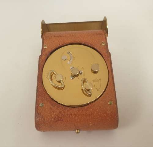 1960's Vintage Oris 8 Day Travel Alarm Clock Brass and Leather - Working - Engraved on Side