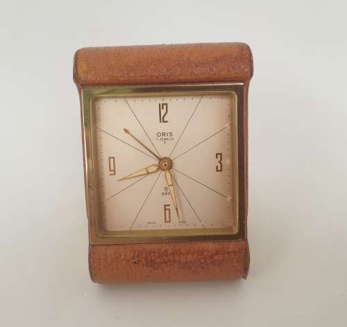 1960's Vintage Oris 8 Day Travel Alarm Clock Brass and Leather - Working - Engraved on Side