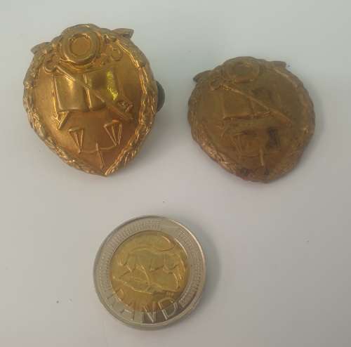 2 Old SA Prison Services collar  Badges- one with damage lugs 36x32mm