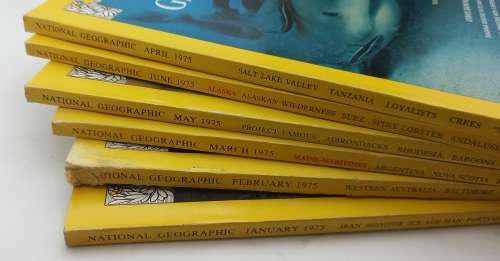 1975 - 6 x National Geographic Magazines January to July in Holder -- Great condition