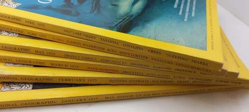 1975 - 6 x National Geographic Magazines January to July in Holder -- Great condition