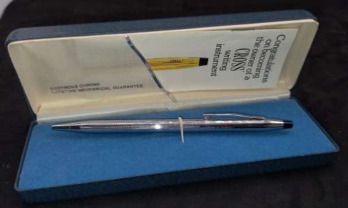 Vintage Chrome Cross Ballpoint pen in Case with warranty card- Ink ok - personalized