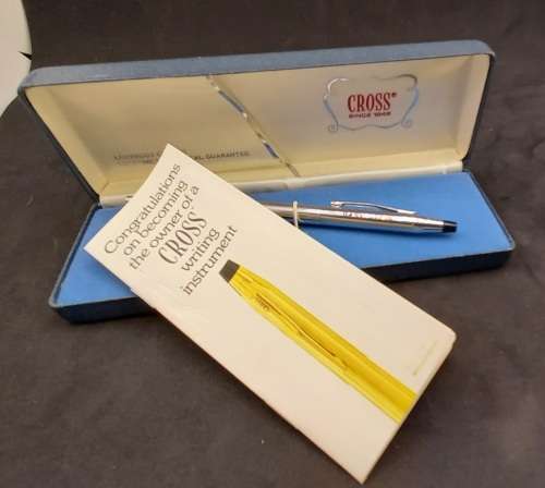 Vintage Chrome Cross Ballpoint pen in Case with warranty card- Ink ok - personalized