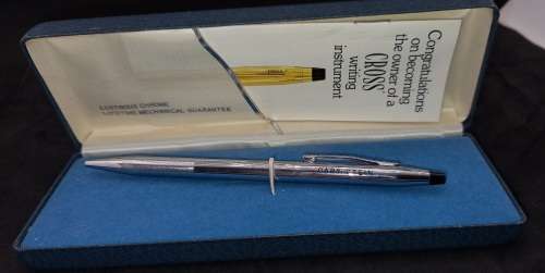 Vintage Chrome Cross Ballpoint pen in Case with warranty card- Ink ok - personalized