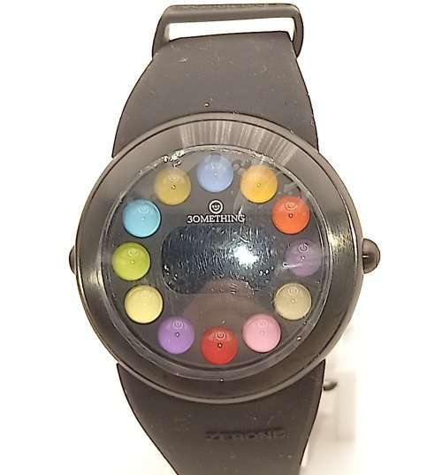 Unused (New) ZERONE Crossover 30METHING "dot dot dot" IP Black with 12 Colored Spheres Digital Watch
