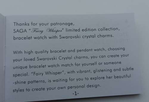 Unused Saga "Fairy Whisper" Limited edition Bracelet watch with Swarovski Crystal charms.