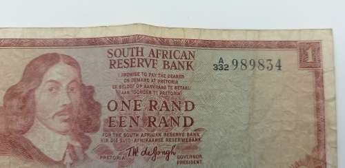 1973 1 Rand -English - Afrikaans - T.W. De jongh-Springbok Watermark