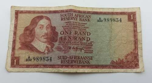 1973 1 Rand -English - Afrikaans - T.W. De jongh-Springbok Watermark