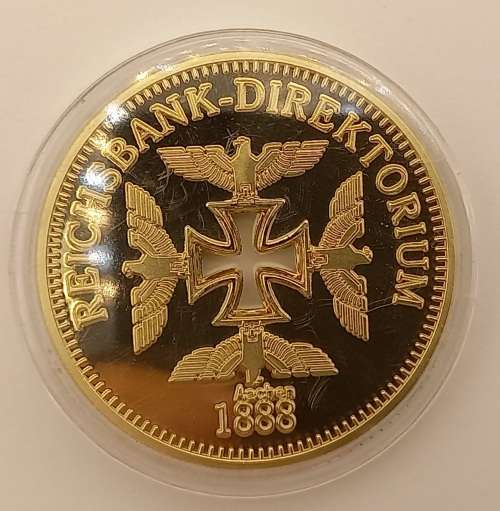 Rare Collectable 24k Gold Plated Nazi Eagle + Iron Cross Coin Reichsbank Germany in Capsule