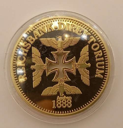 Rare Collectable 24k Gold Plated Nazi Eagle + Iron Cross Coin Reichsbank Germany in Capsule