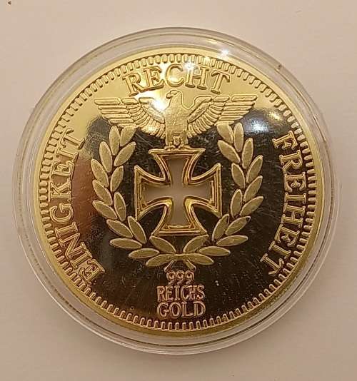 Rare Collectable 24k Gold Plated Nazi Eagle + Iron Cross Coin Reichsbank Germany in Capsule