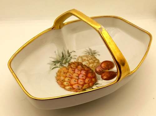 Vintage Bavaria Gold Handle Porcelain Basket Dish - Gold on handle show some wear