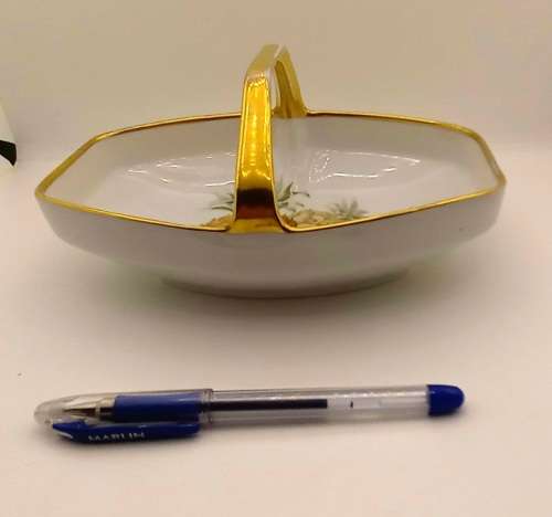 Vintage Bavaria Gold Handle Porcelain Basket Dish - Gold on handle show some wear
