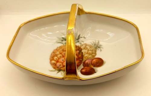 Vintage Bavaria Gold Handle Porcelain Basket Dish - Gold on handle show some wear