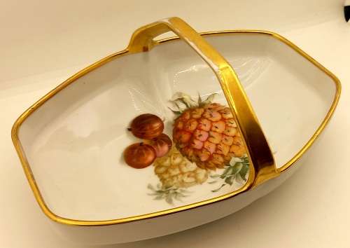 Vintage Bavaria Gold Handle Porcelain Basket Dish - Gold on handle show some wear
