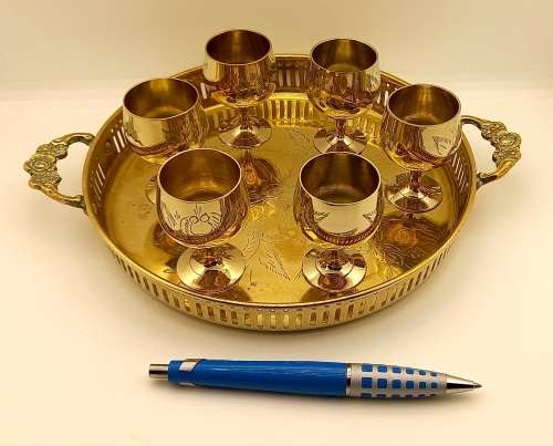 Vintage  Brass Tray 30x260x203mm with 6 Goblets  60x42mm