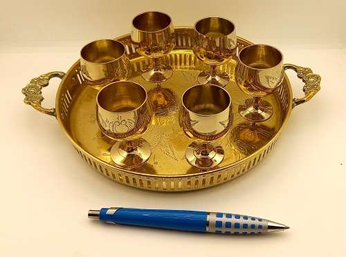 Vintage  Brass Tray 30x260x203mm with 6 Goblets  60x42mm