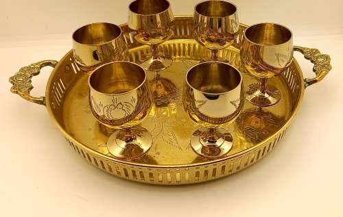 Vintage  Brass Tray 30x260x203mm with 6 Goblets  60x42mm