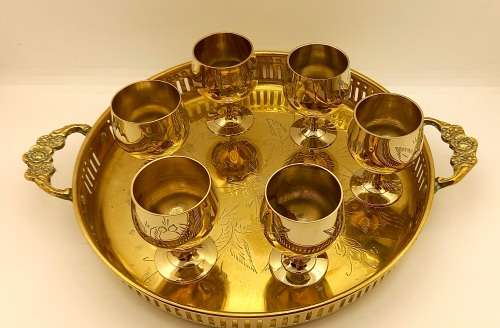 Vintage  Brass Tray 30x260x203mm with 6 Goblets  60x42mm