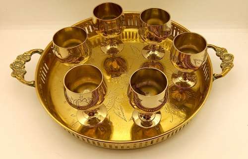 Vintage  Brass Tray 30x260x203mm with 6 Goblets  60x42mm