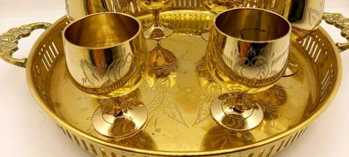 Vintage  Brass Tray 30x260x203mm with 6 Goblets  60x42mm