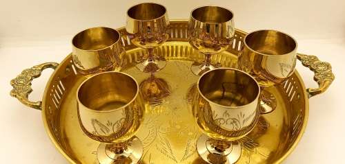 Vintage  Brass Tray 30x260x203mm with 6 Goblets  60x42mm