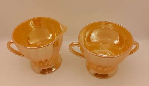 1940 -1950s Vintage Anchor Hocking Fire-King Glass Peach Lusterware Sugar Bowl and Creamer-USA
