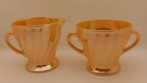 1940 -1950s Vintage Anchor Hocking Fire-King Glass Peach Lusterware Sugar Bowl and Creamer-USA
