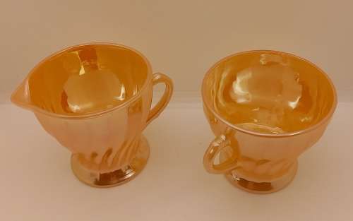 1940 -1950s Vintage Anchor Hocking Fire-King Glass Peach Lusterware Sugar Bowl and Creamer-USA