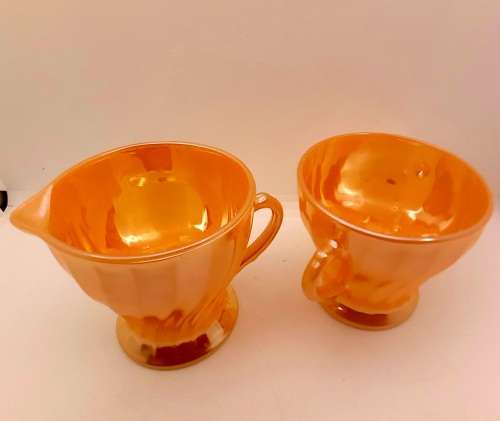 1940 -1950s Vintage Anchor Hocking Fire-King Glass Peach Lusterware Sugar Bowl and Creamer-USA