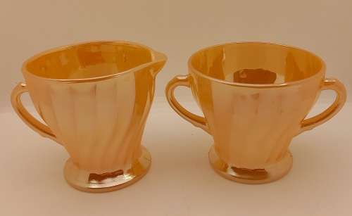 1940 -1950s Vintage Anchor Hocking Fire-King Glass Peach Lusterware Sugar Bowl and Creamer-USA