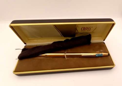 Vintage Cross 1/20 14 kt rolled gold Ballpen Branded Barclays Bank in original metal case -Ink Ok