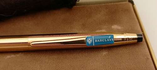 Vintage Cross 1/20 14 kt rolled gold Ballpen Branded Barclays Bank in original metal case -Ink Ok