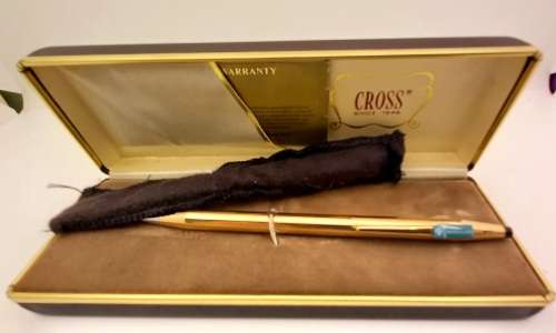 Vintage Cross 1/20 14 kt rolled gold Ballpen Branded Barclays Bank in original metal case -Ink Ok