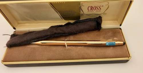 Vintage Cross 1/20 14 kt rolled gold Ballpen Branded Barclays Bank in original metal case -Ink Ok