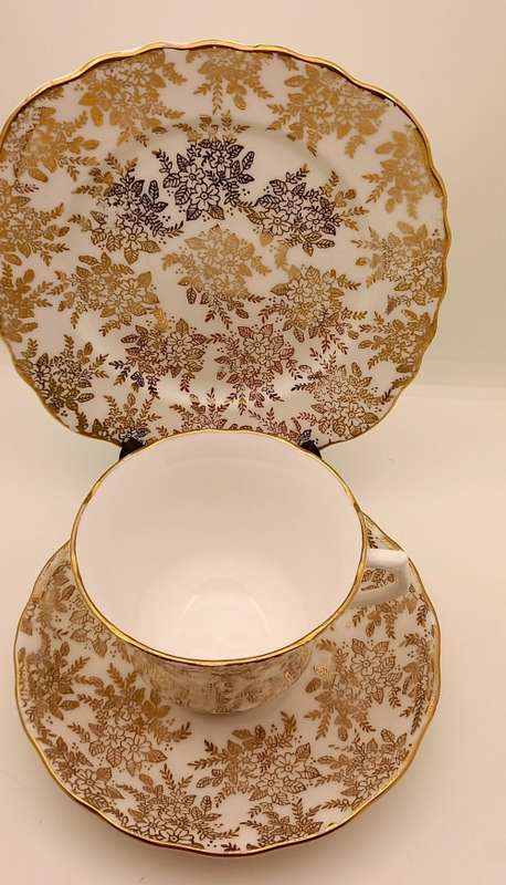 Vintage Genuine Bone China Vale trio made in Longton England white and gold